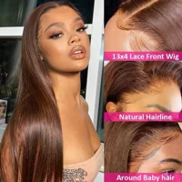 Perruques Lace Front HD 13x4 en cheveux humains brésiliens, couleur marron chocolat, 34 pouces, lisses comme des baguettes, avec dentelle transparente 13x4, pour femmes 2
