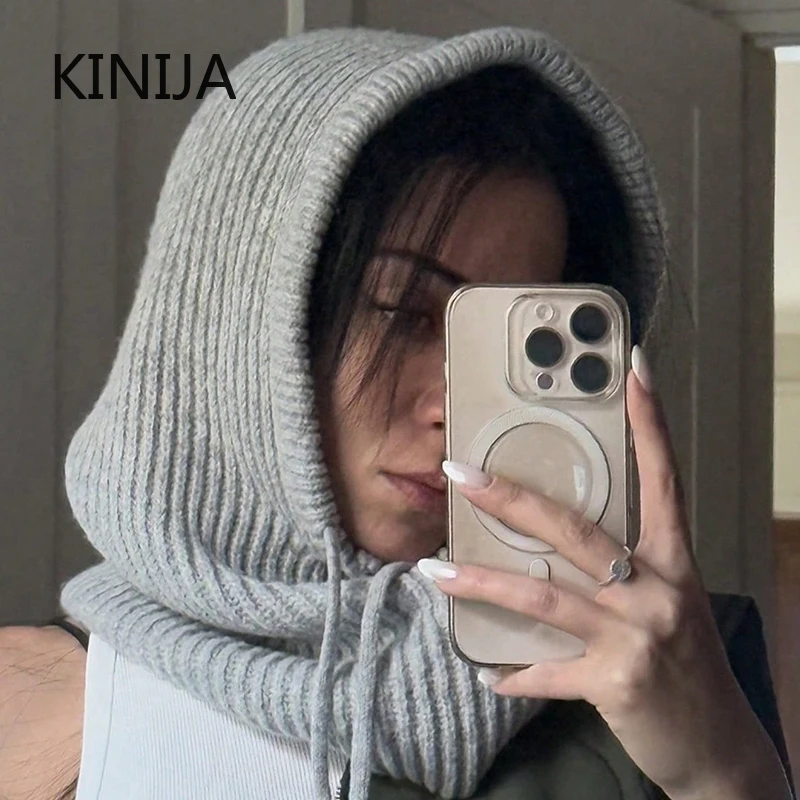 Women Knitted Balaclava Fashion Fake Collar Shawl Hooded Hat Thick Warm Beanines Winter Hat