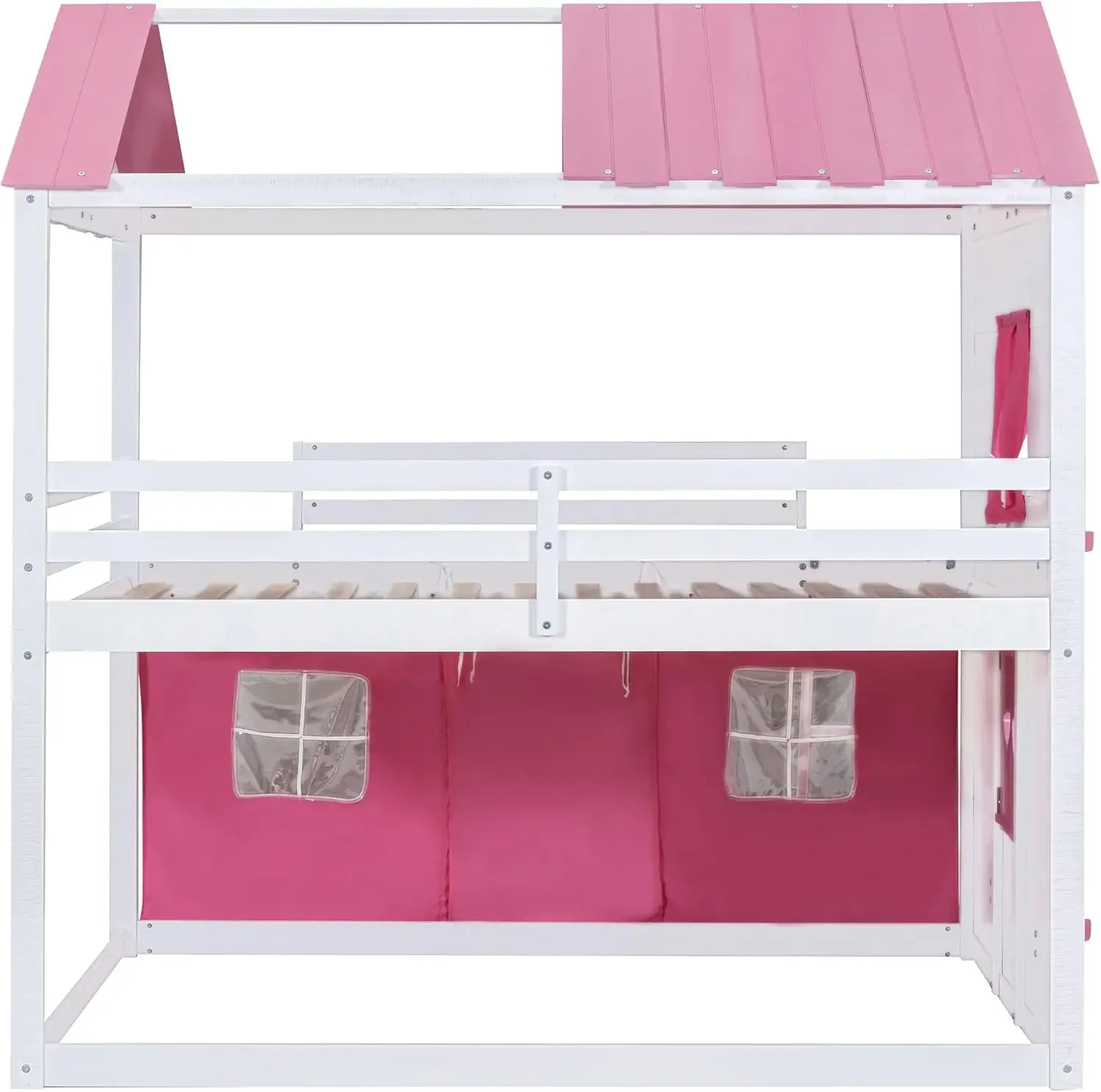 Twin Over Twin Bunk Wood House Bed with Elegant Windows, Sills and Tent, Pink+White 2025 Christmas gifts 5