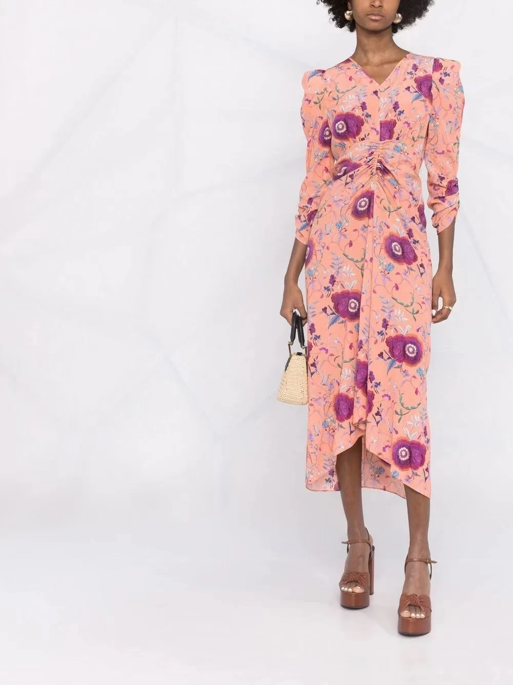 Women V Neck Viscose Floral Print Midi Dress 2022 Spring New Slim