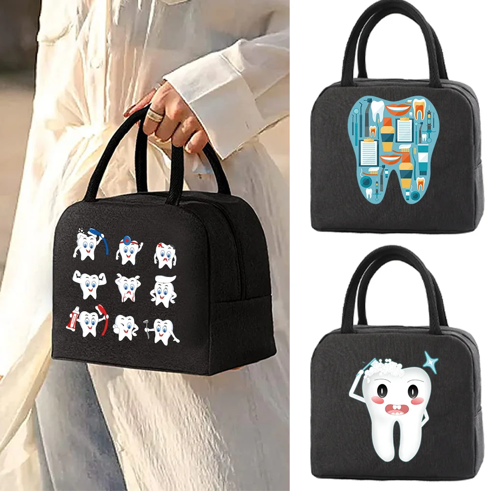 

Thermal Lunch Dinner Bags Canvas Teeth Print Handbag Picnic Travel Breakfast Box School Child Convenient Lunch Bag Tote Food Bag