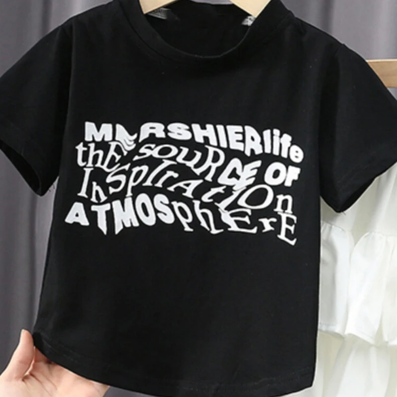 재미있는 소년 소녀 의류, 편지 인쇄 패션, 장난꾸러기 아이 티셔츠, 블랙 탑, 여름 티, 저렴한 빠른 배송, 3-6T