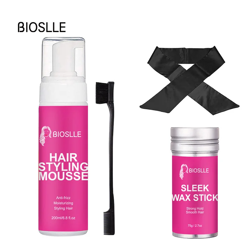 BIOSLLE Strong Hold Moisturizing Hair Styling Mousse Smooth Sleek Wax Stick with Wig Melt Band Slayer Brush Set