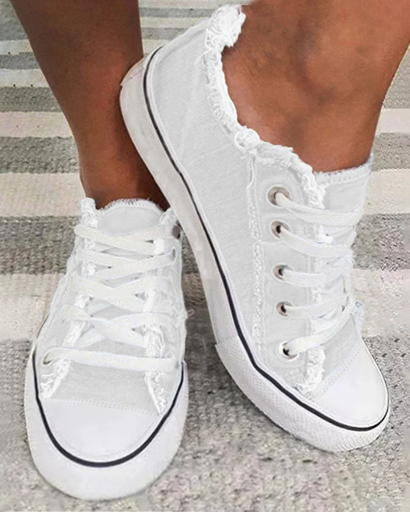 

Summer Women Shoes Casual Flat Solid Color Running Shoes Round Toe Lace-up Raw Hem Canvas Sneakers
