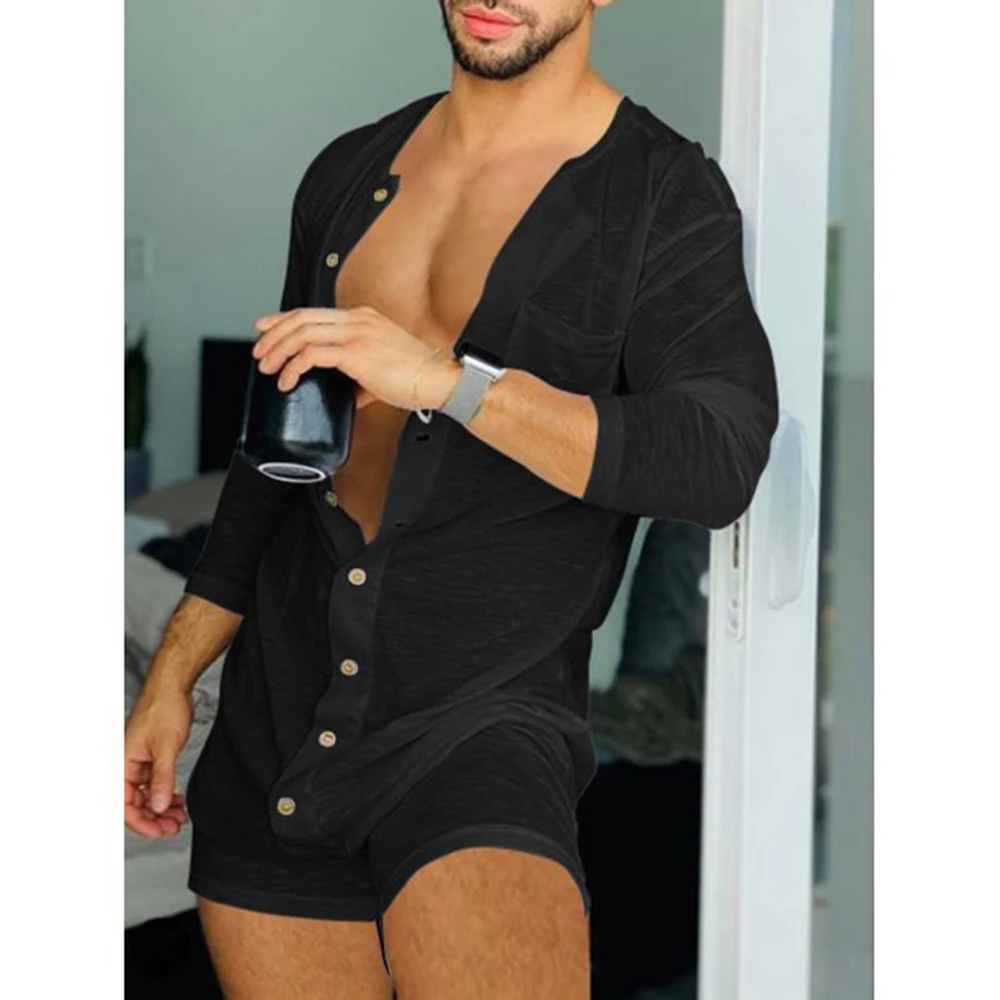 

Solid Tight One-piece Shorts Men Long Sleeve Sexy Perspective Deep V Homewear Clothes New Buttons Pajamas Jumpsuit Sexy Lingerie