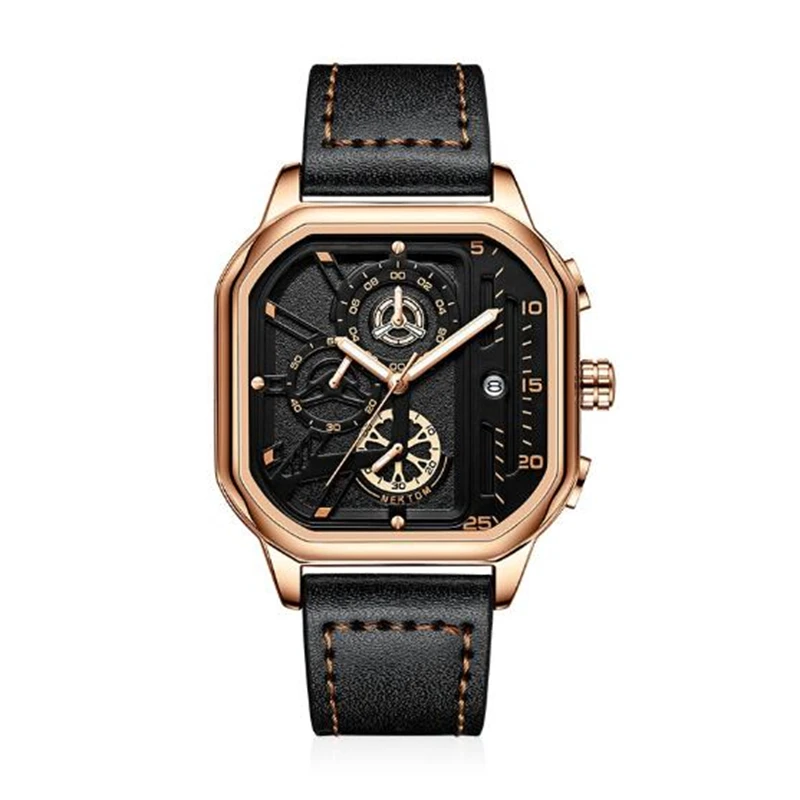 NEKTOM 2022 New Watches Square Sport Mens Watches Waterproof Full Leather Quartz Gold Clock Man Watches Luminous Wristwatch 