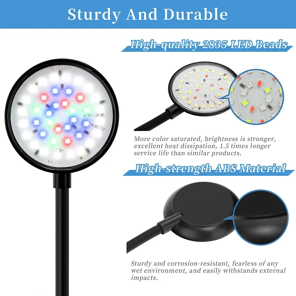 LED Lamp Aquarium Light Aquarium Lamp Mini Clip On Aquarium Light 7W Dimmable Small Fish Tank Light USB Moving Lamp with White Red Blue Green LED for 3-5 Gallon Tanks