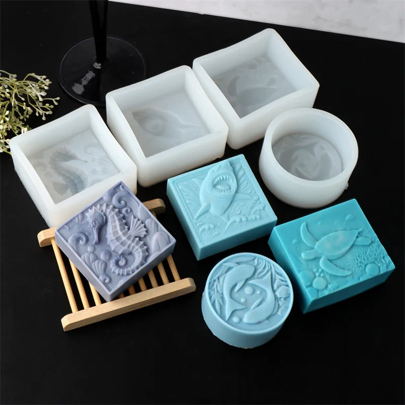 Sea Animal Shark Sea Turtles Seahorse Silicone Mold DIY Marine Round Square Handmade Soap Makes Resin Plaster Mould