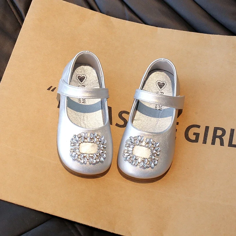 Children's Leather Shoes Shallow Rhinestone Party Shoes for Baby Girl Causal Fashion Versatile Kids Princess Wedding Flat