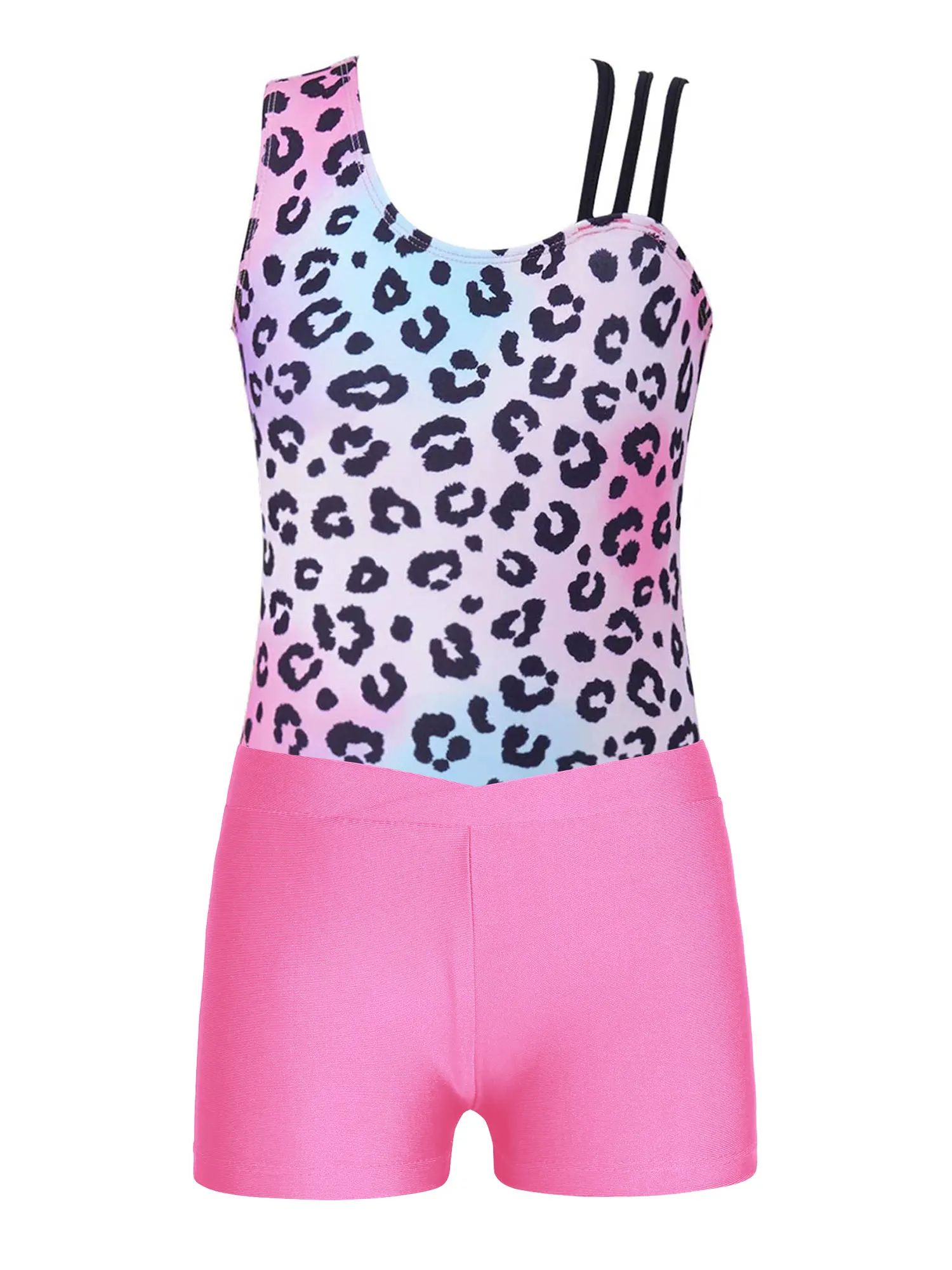 Kid Girls Stylish Asymmetric Shoulder Straps Printed Leotard with V-front Waistband Shorts for Gymnastic Dance Performance
