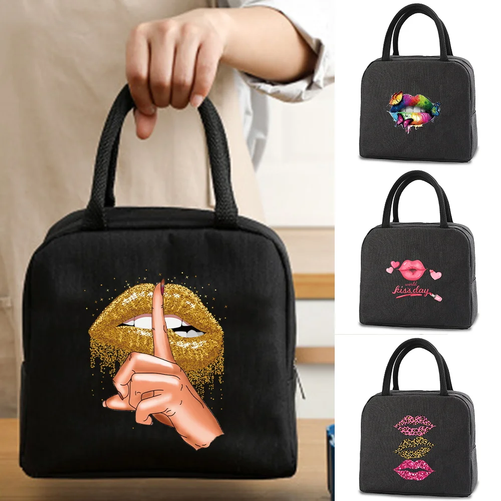 Portable Cooler Bag Folding Insulation Picnic Ice Pack for Food Mouth Print Thermal Drink Carrier Insulated Lunch Box Delivery