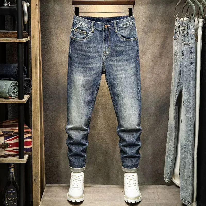 Newly Designer Fashion Men Jeans Retro Blue Elastic Stretch Slim Vintage Jeans Men Straight Trousers Casual Denim Pants Hombre