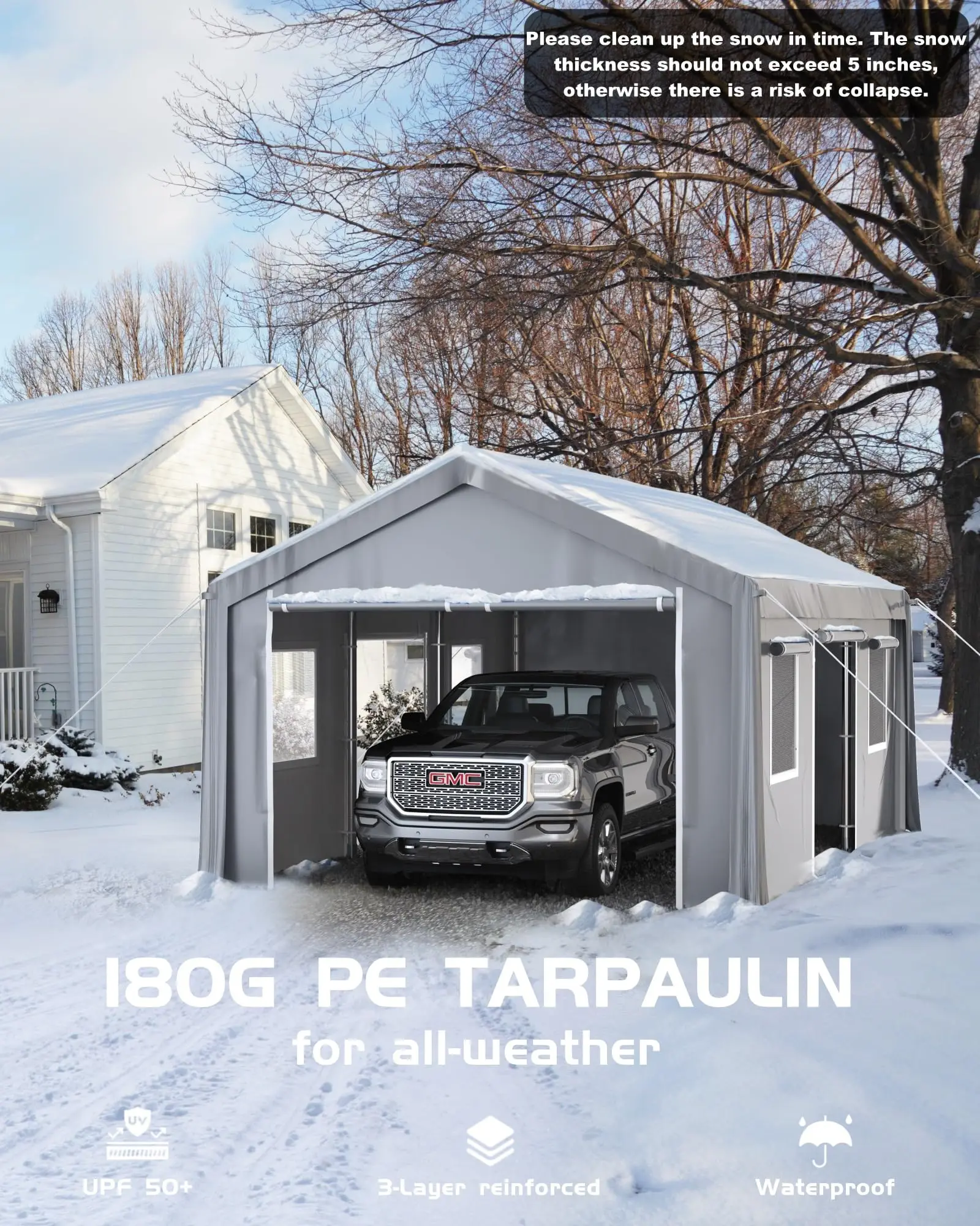 13 'x20 Outdoor' heavy duty garage, portable garage with 4 rolling doors, 4 mesh Windows, 180g PE tarp and reinforced frame for