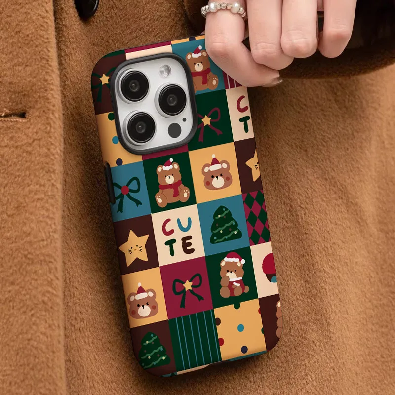 Retro Christmas Pattern Shockproof Bumper Phone Case with 2-in-1 Film Shell