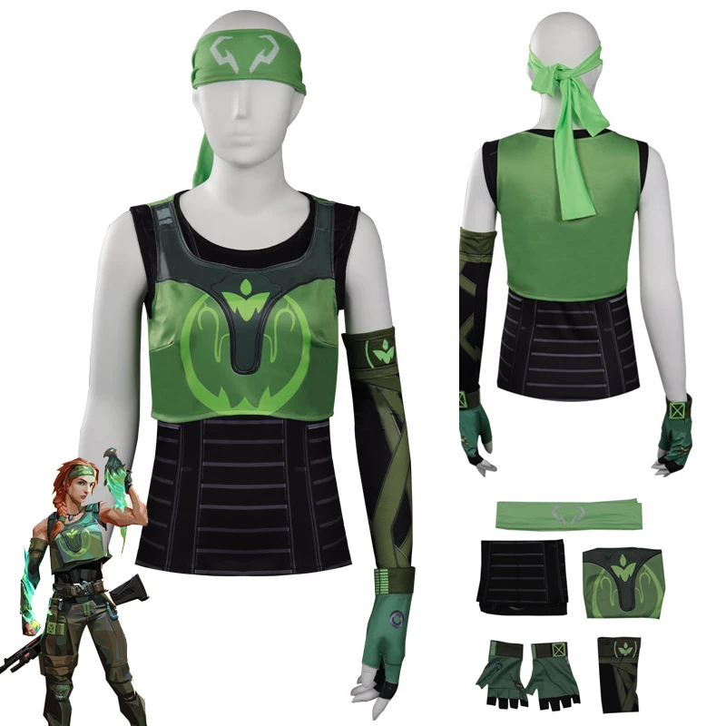 

Game VALORANT SKYE Cosplay Women Costume Top Headband Outfits Green T-shirt Set Girls Halloween Carnival Party Disguise Suit