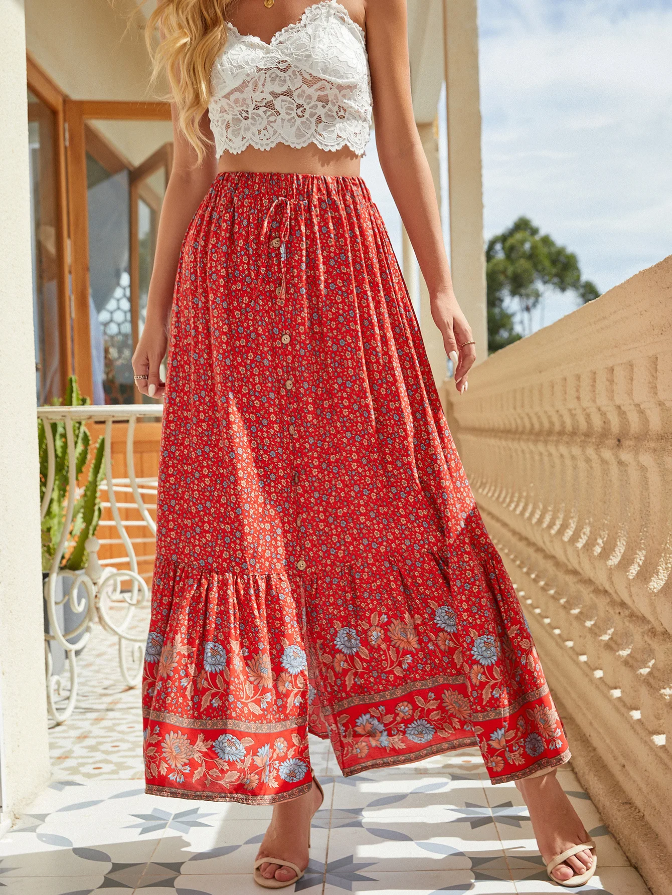 

2024 New Summer Style Single-breasted Lace-up Pastoral Floral Skirt With Ankle-length Waist And Beach Casual Long Skirt
