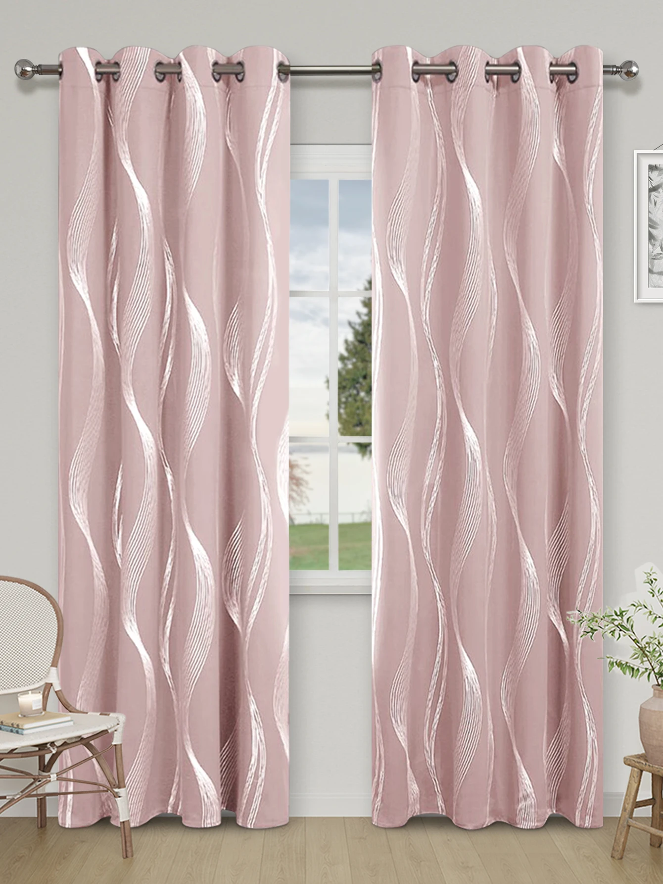 High Precision Blackout Curtains - Silver Embossed Wave Pattern for Light Blocking and Heat Retention