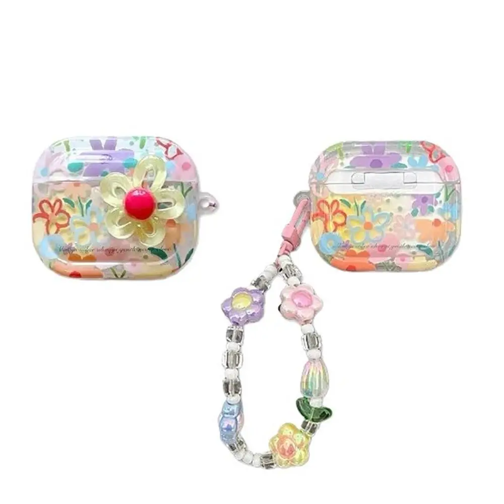 TPU Floral Anti-Fall Earphone Case with Beaded Keychain - Shockproof & Washable