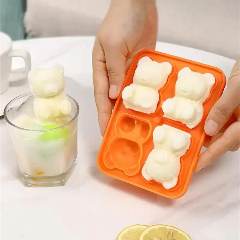 4 Grid 3D Little Bear Shape Silicone Ice Mold Little Bear Ice Block Mold Household Ice Cube Mold Kitchen Gadgets