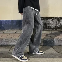 2024 New Men's Jeans Korean Casual Pants High Street Straight Student Loose Wide Black Grey Blue Baggy Denim Pants