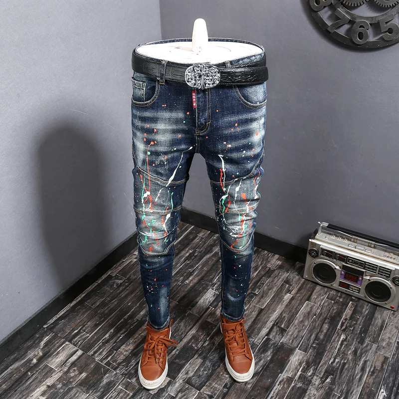 Street Fashion Men Jeans Retro Dark Blue Spliced Designer Elastic Slim Ripped Jeans Men Painted Hip Hop Denim Biker Pants Hombre