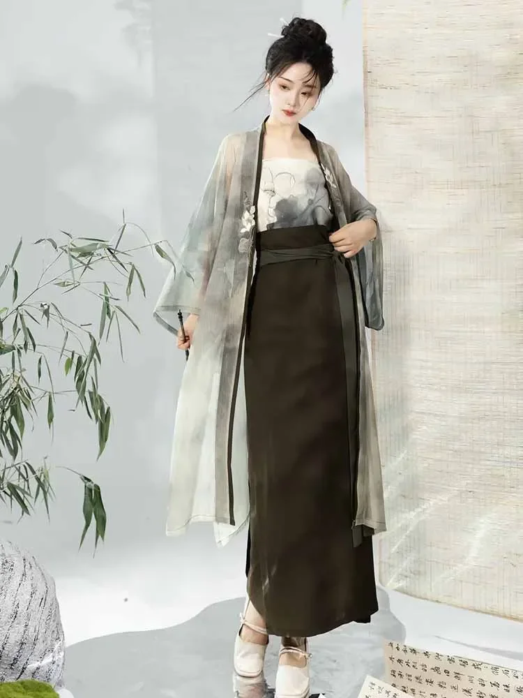 Modernized Chinese Ancient Hanfu Dress Women Party Outfit Summer Printed Short-sleeved Cardigan Wrap Skirt 3pcs Sets Hanfu