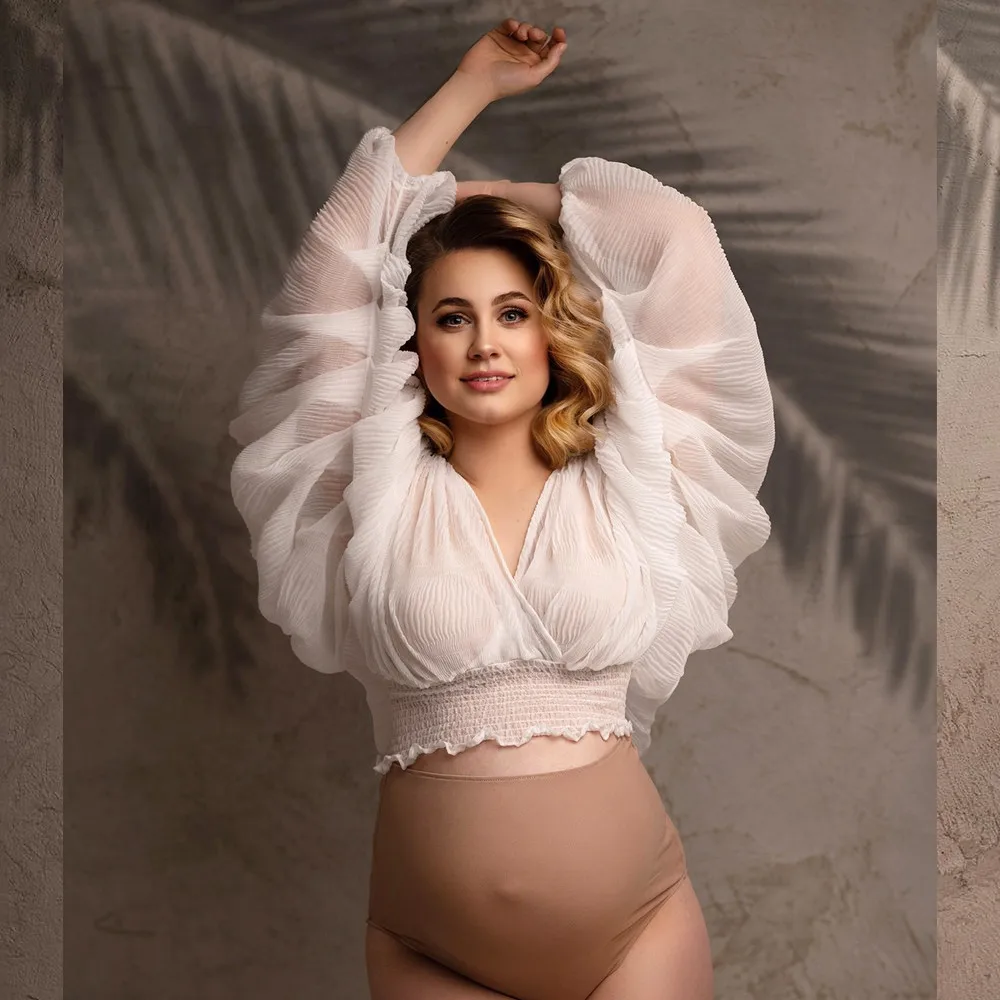 Maternity tops Summer Chiffon Tops For Maternity Photoshoot Puff Sleeve Pleated Pregnancy Photography Shirts Pregnant Women Clothes Blouse