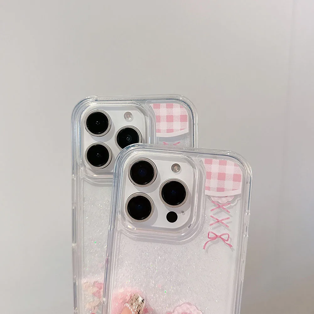 Korea Cute Dynamic quicksand Pink Grid Bear Transp...