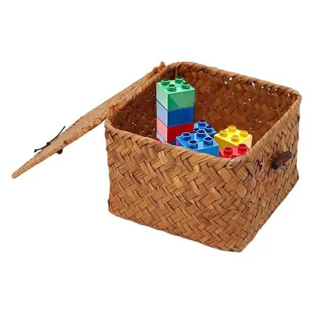 Tengeri Fű Tároló Kosarak Rattan Tárolókosár Fedéllel Kézi Szőtt Tartályok Kosár Fonott Polckosarak