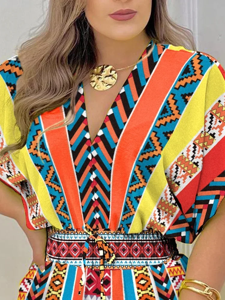 Wmstar Women Jumpsuit New Loose Casual Printing Fashion V-neck Short Sleeve Waist Shorts Drawstring Pleated Streetwear Romper