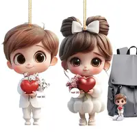 2pcs Cute Cartoon Acrylic Couples Car Decoration Accessories Romantic Figurines 2D Flat Marriage Keepsake Keychain Pendant 1