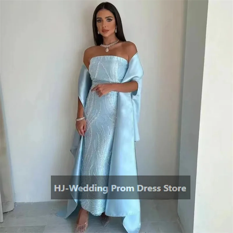 

Saudi Arabia Evening Gown Sky Blue Sheath Prom Dresses Off The Shoulder Strapless A-line Anke -length 2024