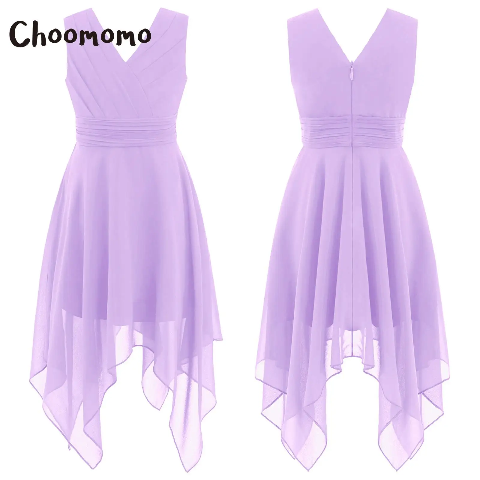 

Choomomo Kids Girls Solid Lavender Chiffon Sleeveless Party Dress Asymmetric Hem Pleated Waist Light Dresses for Stage Prom Show
