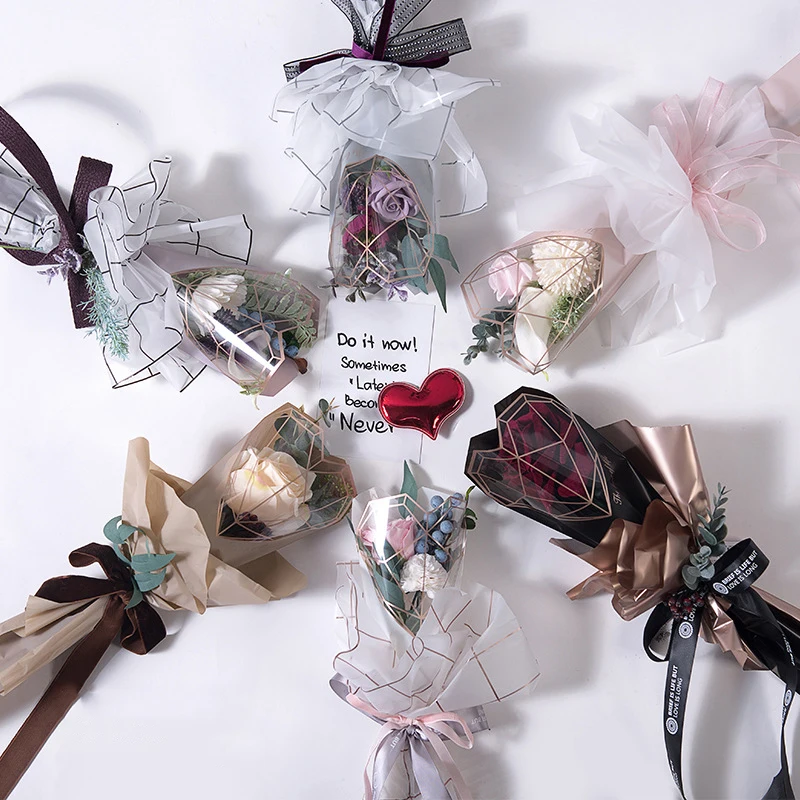 20pcs/pack Double Sided Diamond Heart Flowers Wrapping Paper Bouquet Packaging Bags Floral Arrangement Flower Shop Clear Bag