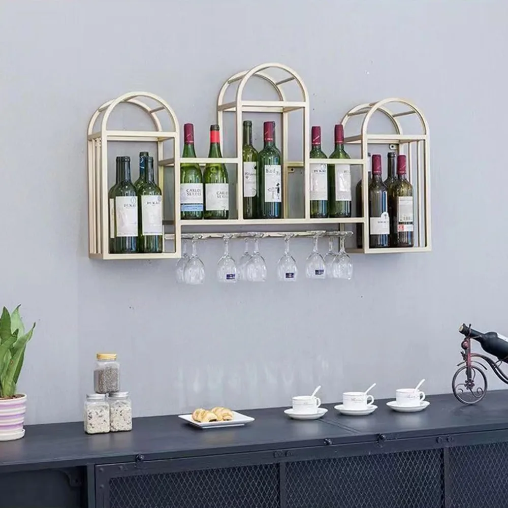 Bar Shelves Wall Mounted Floating Bar Liquor Bottle Display Shelf with Wine Glass Rack Liquor Cabinet