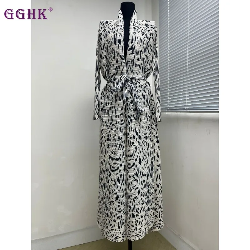 

Женская плиссированная ветровка GGHK Miyake, с длинным рукавом и принтом, модный Тренч контрастных цветов на завязках, осень