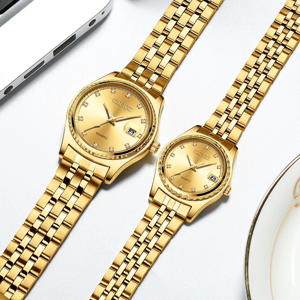 CHENXI Brand Ladies Clock Steel Strip Gold Watch Men Date Quartz Wristwatch Gift Couple Watches Pair Men And Women Free Shipping