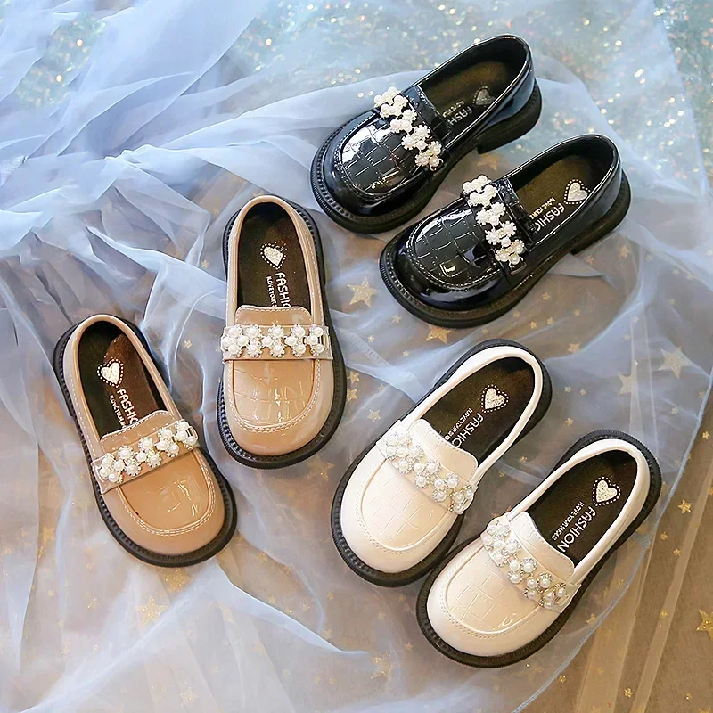 Kids PU Leather Shoes Spring Autumn Fashion Girls Pearls Casual Princess Flats Soft Loafers School Student Children Black Beige 2