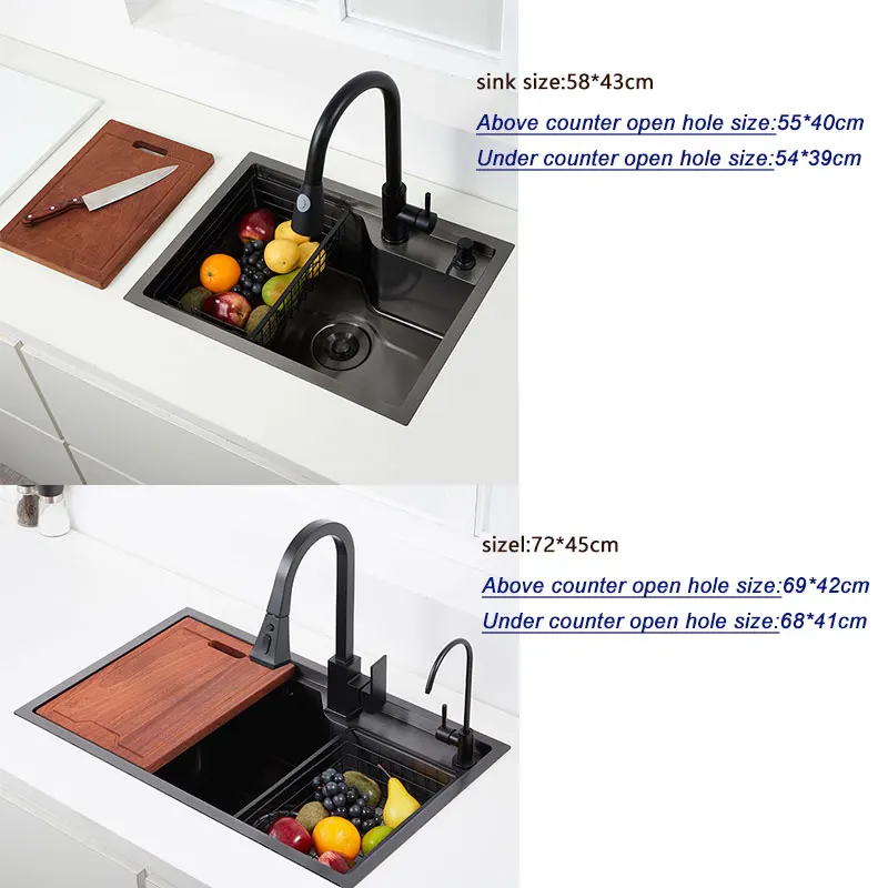black Kitchen Sink 304 Stainless Steel with cutting board sink vegetable washing basin black sink above counter or udermount