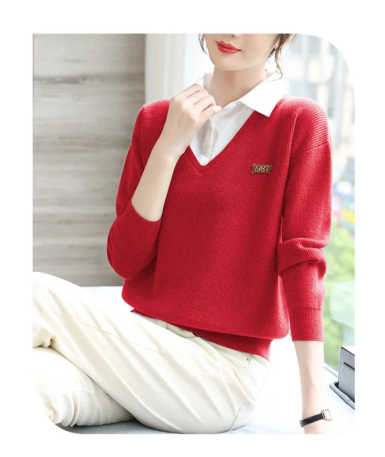 Gefälschte zweiteilige gestrickte Top Damen Frühling Herbst neue Mode Winter Bottom Sweater Langarm Pullover Damen Strick hemd – Detail 14