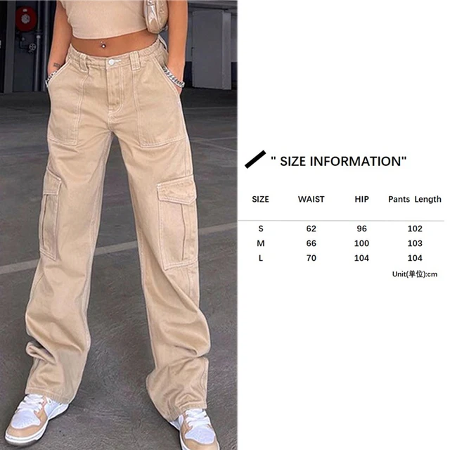 Casual Baggy Jeans Women Loose Low Waist Retro Overalls Hip Hop Streetwear Straight Denim Pants Wide Leg Y2K Cargo Pants 0020008-Khaki