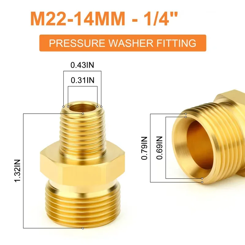 Brass Pressure Washer Coupling Adapter M22-14mm Male to 3/8 and 1/4 Connector M22 Pressure Washer Hose Adapter Fitting 4500 PSI 2