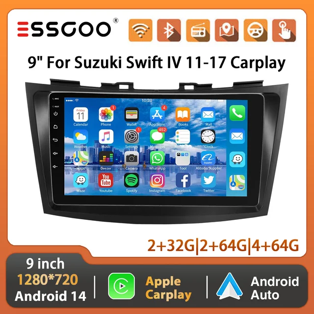 ESSGOO Écran Tactile HD 9" pour Suzuki Swift 4 Ertiga 2011–2017 Android 14 Autoradio 2 DIN Lecteur Vidéo Multimédia GPS Navigation CarPlay Android Auto FM BT RDS WiFi SWC Mirror Link 1