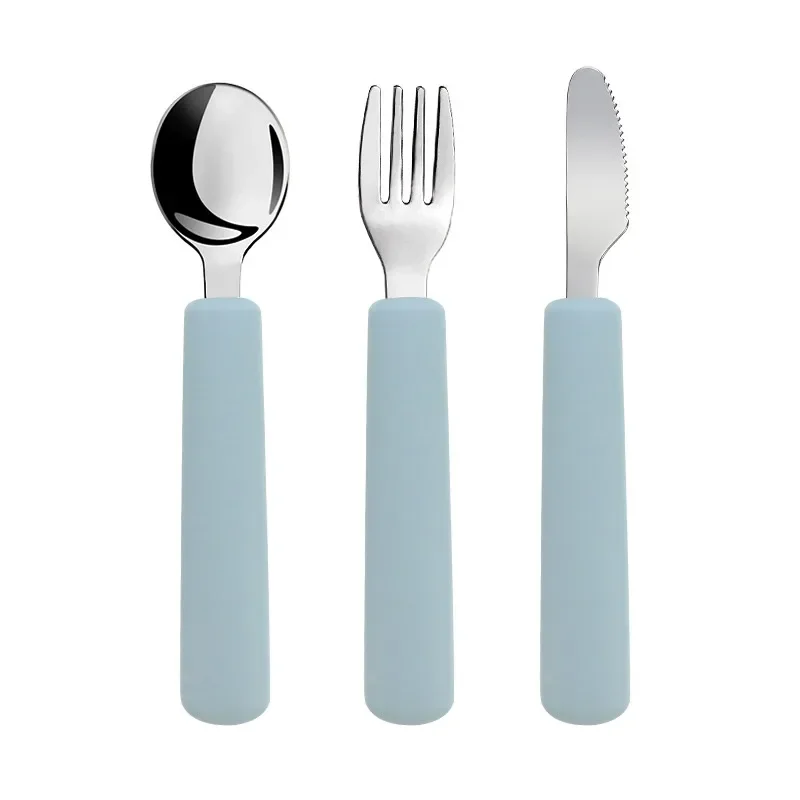 Food Grade Baby Silicone Handle Stainless Steel Spoon Fork Knife Toddler Safe Tableware Set Kids Easy Feeding Tools Baby Stuff