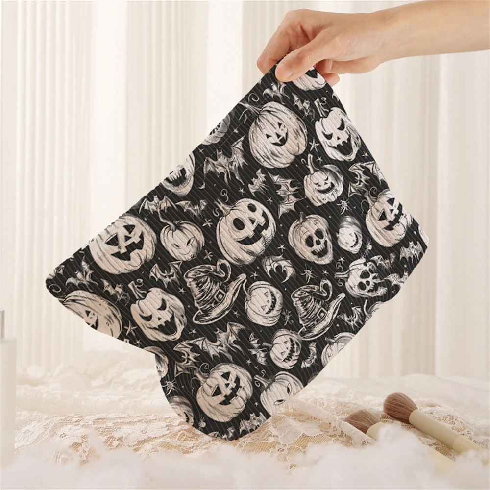 1 pumpkin and bat patterned corduroy makeup bag, lightweight zipper makeup storage box, multifunctional bag with lining