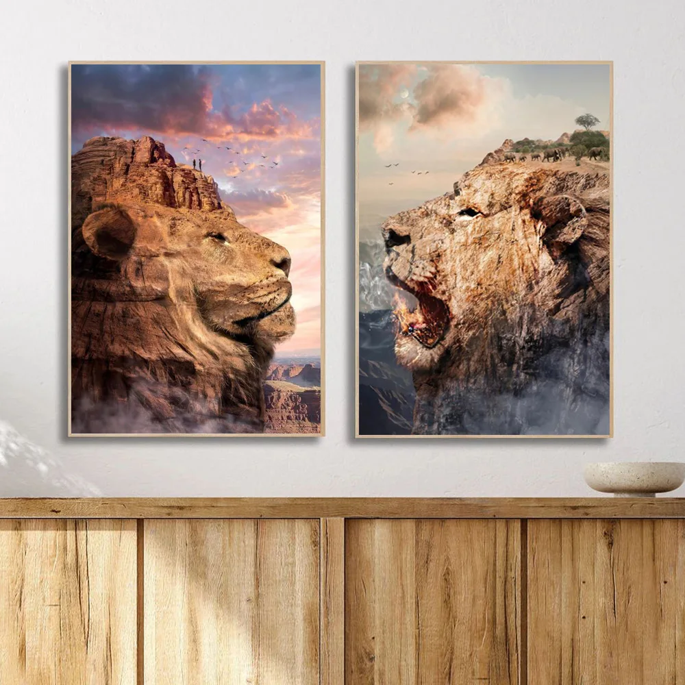 

Modern Surrealism Art Lion Mountain Peak Posters And Prints Landscape Eagle Wolf Nature Canvas Wall Painting For Living Room