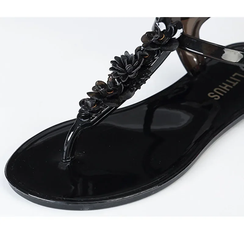 Women's Flat Jelly Sandals Comfort Water Summer Beach Jellies Thong Sandals Ladies Floral Flip Flops T-strap Slides_vogvips.com
