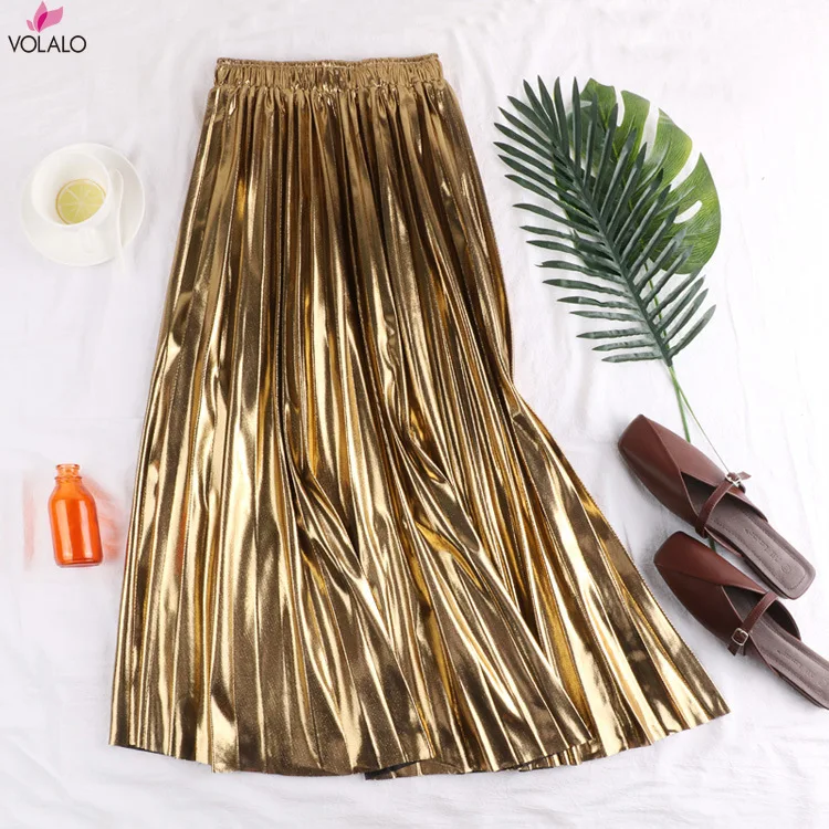 

VOLALO y2k Shiny Metallic Luster Long Pleated Skirt Women Street Style Fashion Solid A Line High Waist Midi Skirt Female Gold