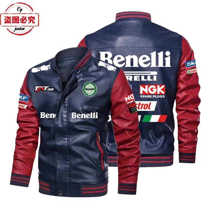 Benelli motorcycle LOGO cycling jersey color-blocked washed pu leather men's Benelli bomber jacket 2