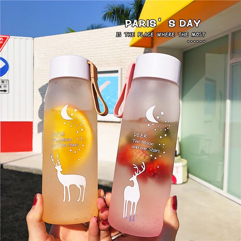 560ml Plastic Water Bottle Creative Deer Pattern Frosted Water Bottle With Portable Rope Outdoor Drinking Bottle Travel Tea Cup